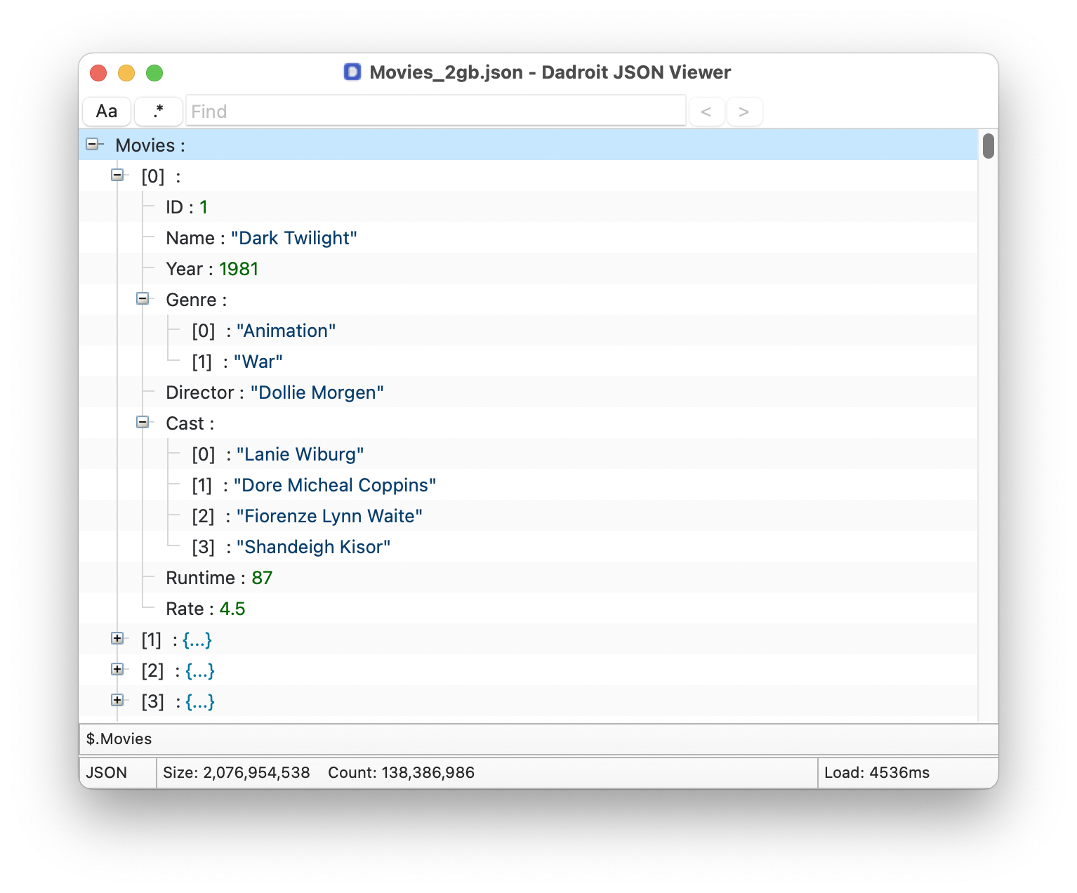 Opening a 2GB movies JSON file in the Dadroit JSON Viewer application with node tree view interface.