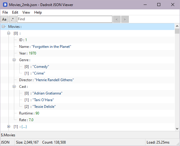 This is a JSON file about a movie with fields like genre and rate, opened in Dadroit JSON Viewer