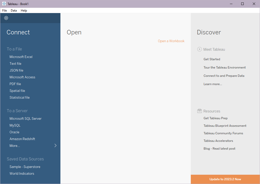 Tableau Desktop application's initial screen displaying various data import options, including JSON files.