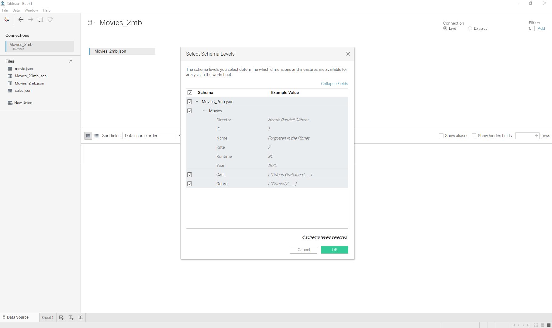 Image of Tableau's Import JSON popup, where the user is selecting the schema for a movie sample file from their JSON data.