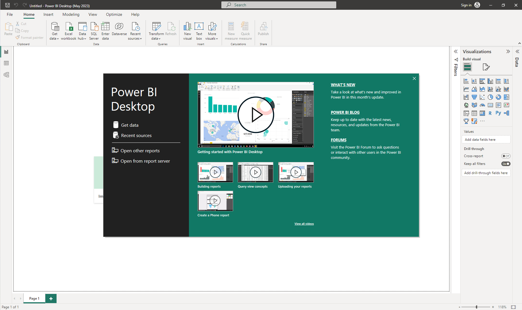 Opening screen of the Microsoft Power BI application displaying various options, highlighting the Get Data feature for importing JSON files.