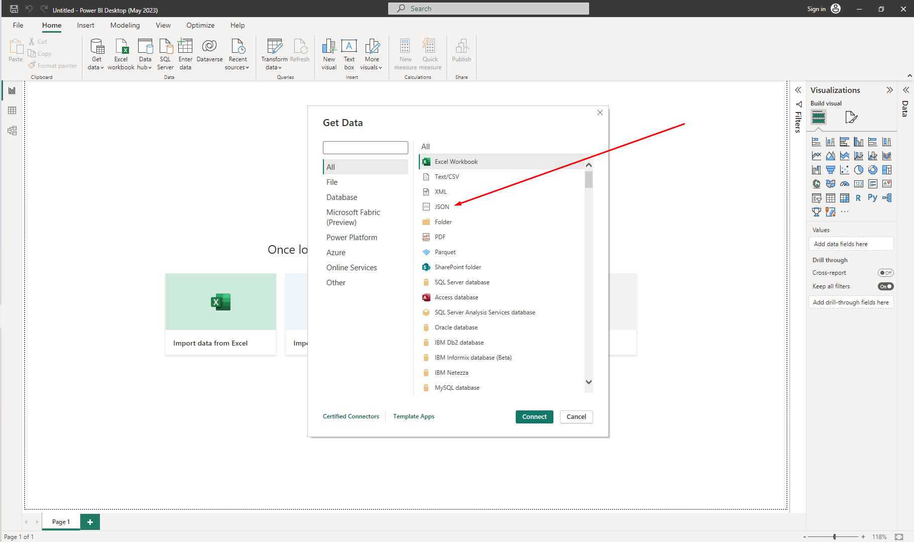 Selection pop-up window in Microsoft Power BI application with JSON highlighted as the file format choice for data import.