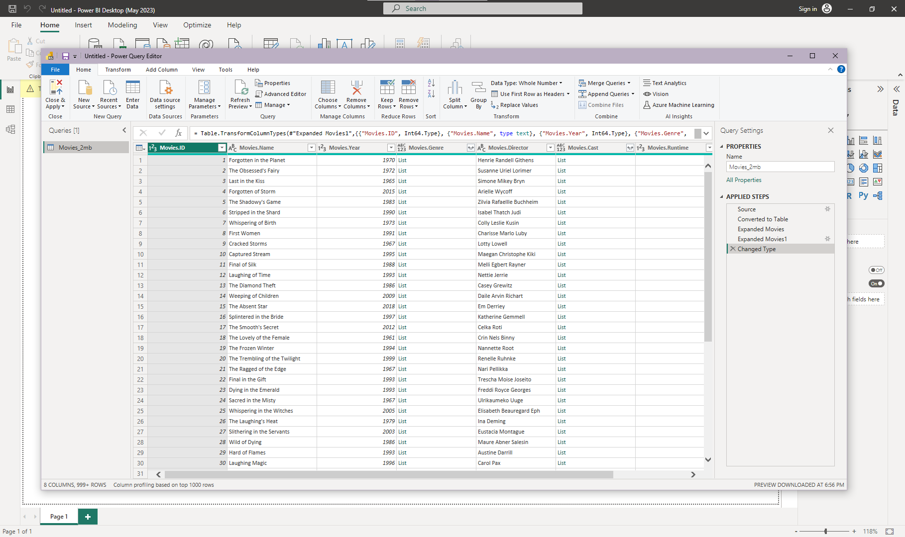 Snapshot of the movie JSON data file displayed as a table in the Microsoft Power BI application’s interface.