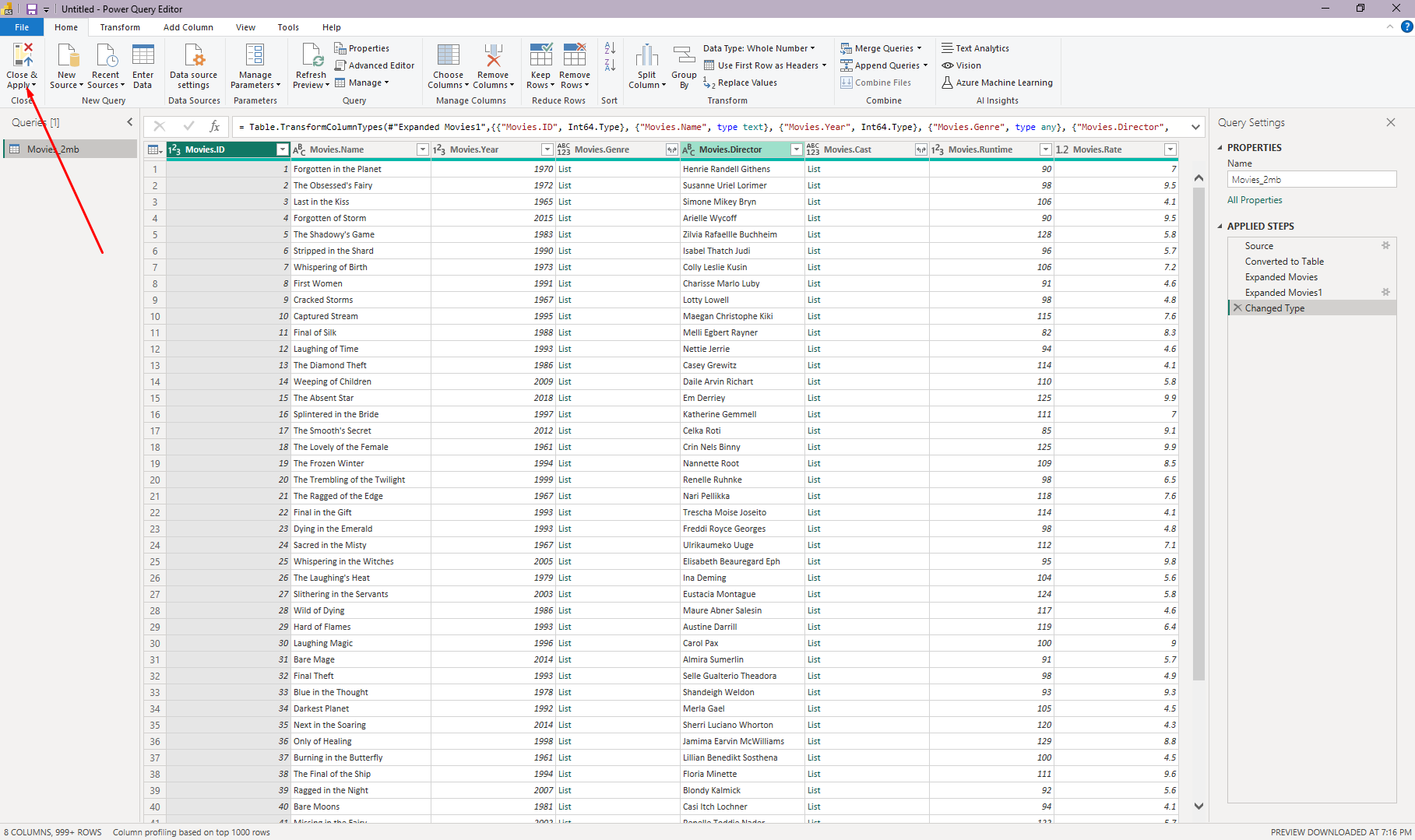 The Microsoft Power BI application’s interface, highlighting the Close & Apply button used to save imported JSON data.