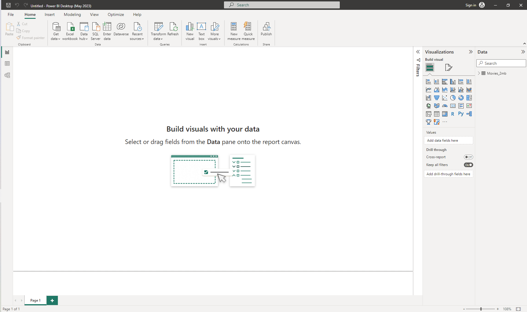 The Microsoft Power BI application’s interface, post data import, ready for JSON data visualization and analysis.