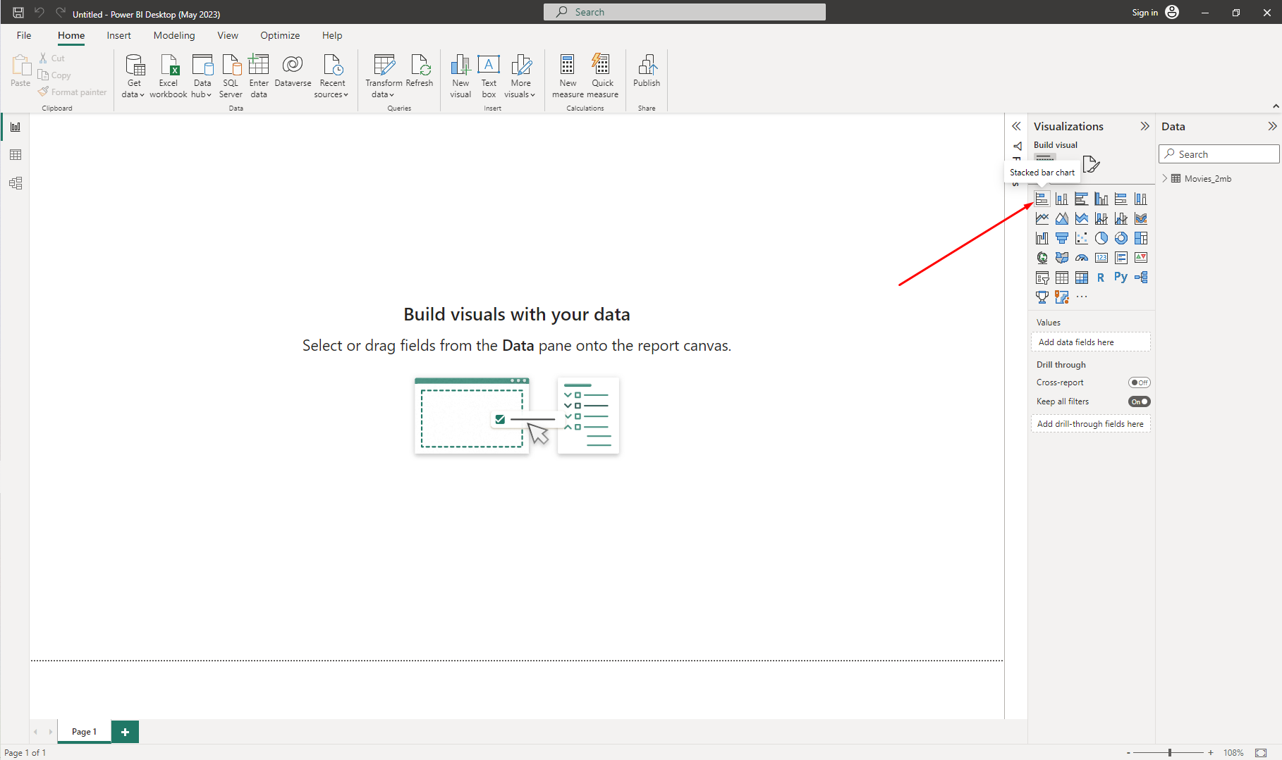 The Microsoft Power BI application’s interface shows a variety of chart types for visualizing JSON data.