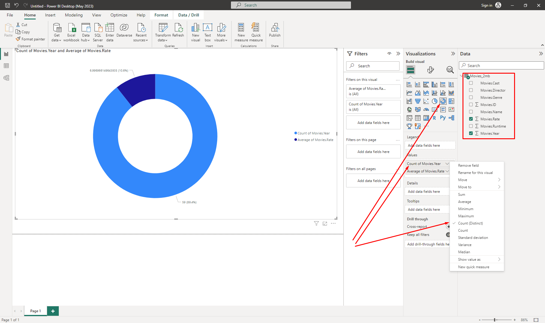 Screenshot of Microsoft Power BI application’s interface, illustrating the selection of movie.Rate and movie.Year fields for creating a graph from JSON data.