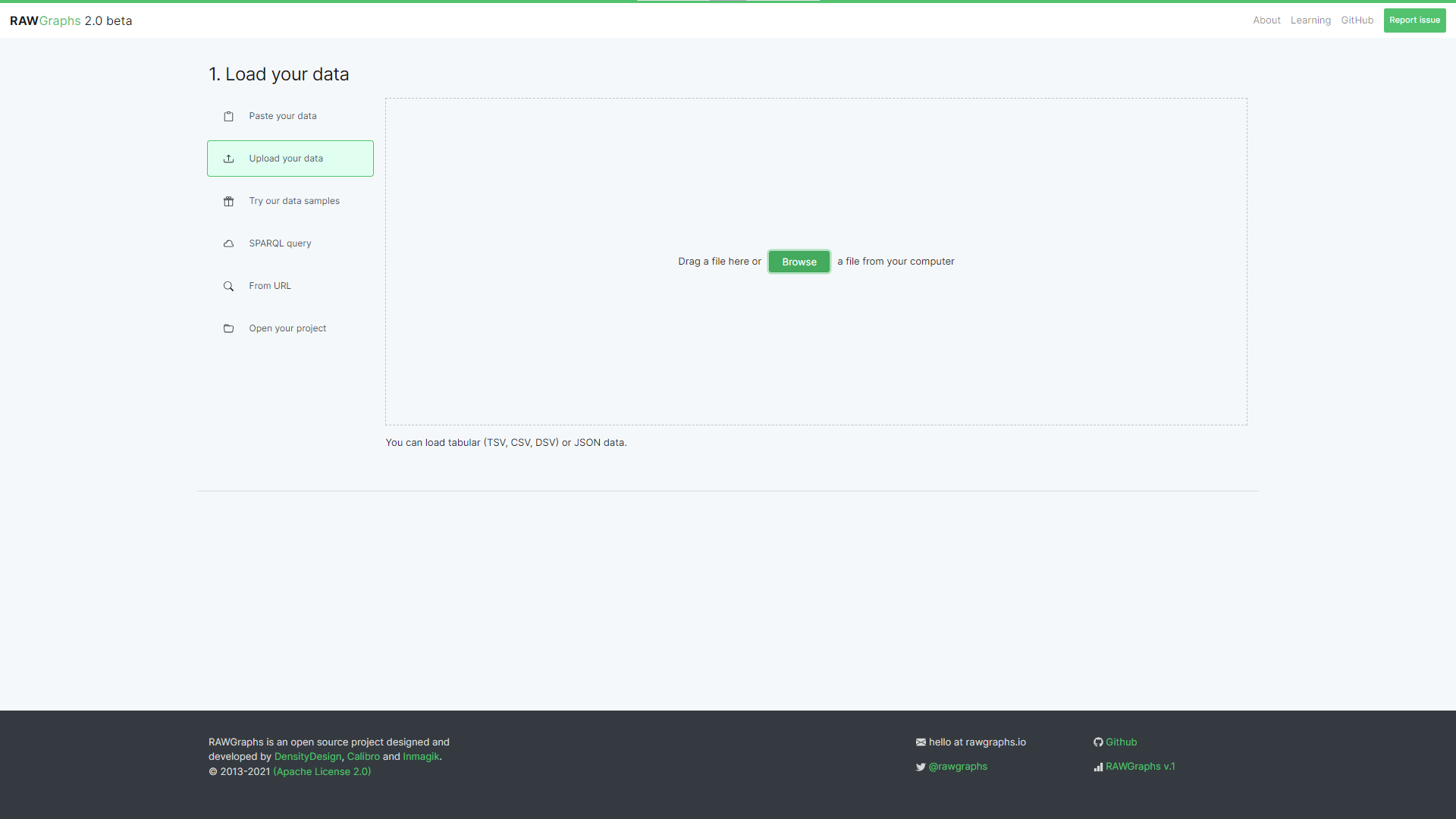 RAWGraphs web app's home screen with the data input field for importing or pasting data.