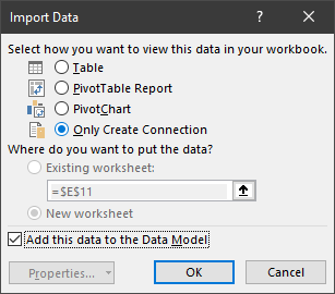 Excel 'Import Data' dialog with 'Only Create Connection' and 'Add this data to the Data Model' selected.