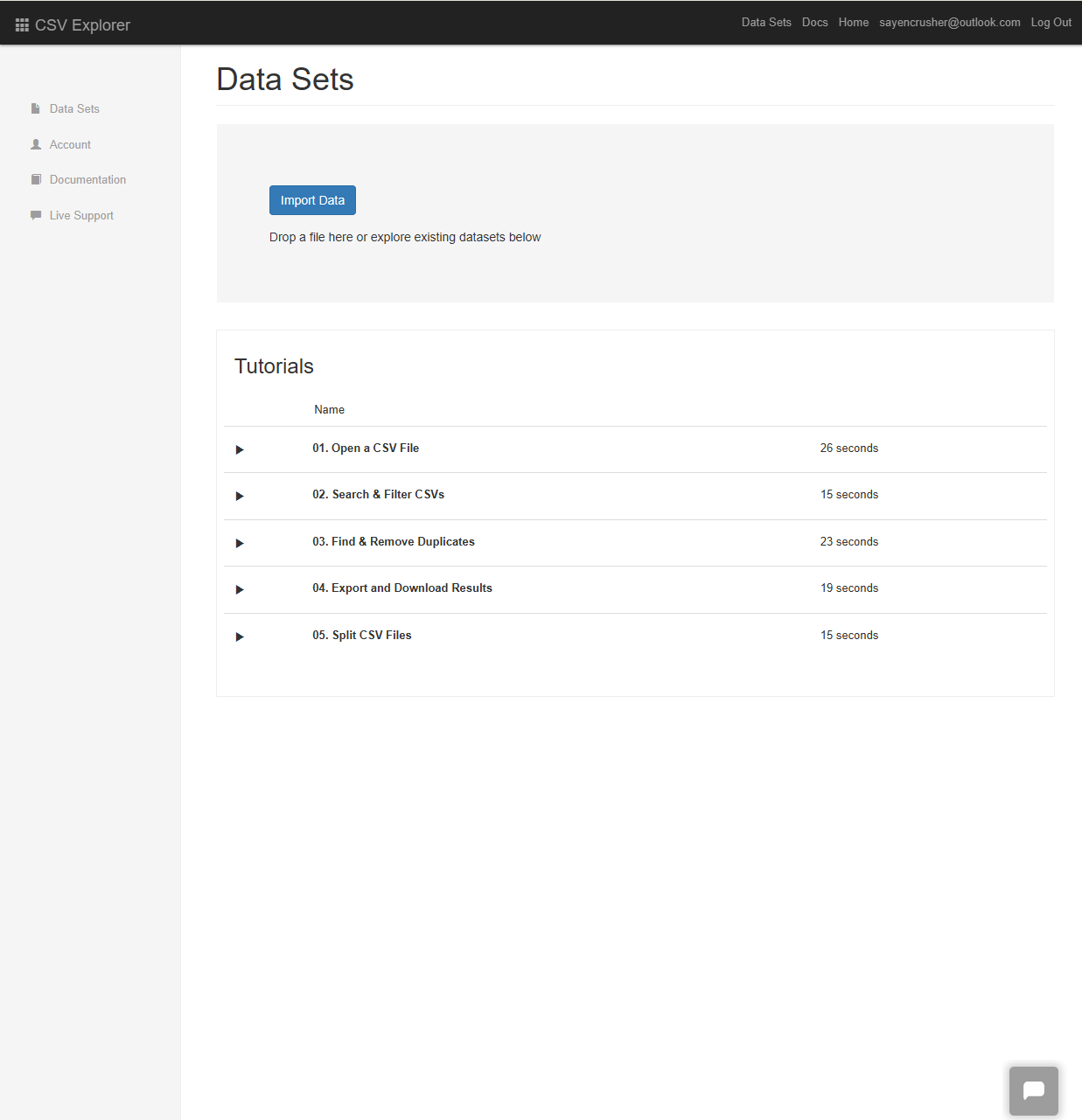 CSV Explorer dashboard displaying dataset options, an "Import Data" button, and tutorial sections for managing CSV files.