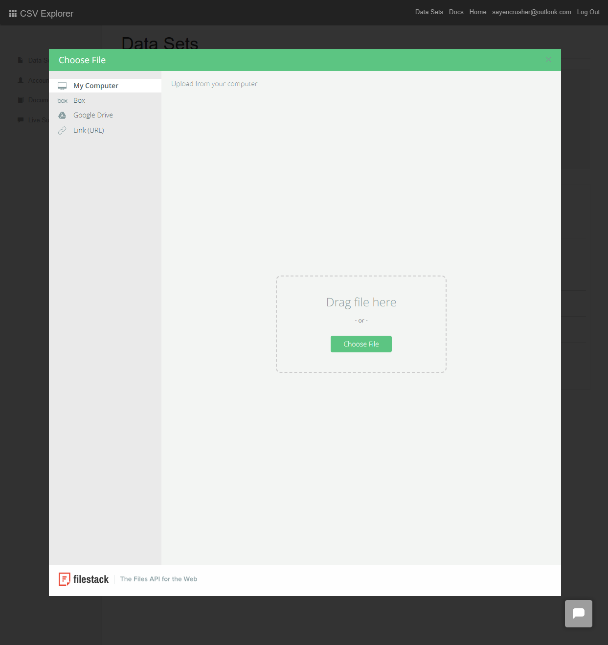 CSV Explorer file upload dialog with options to drag and drop or select a file from your computer, Google Drive, Box, or URL.