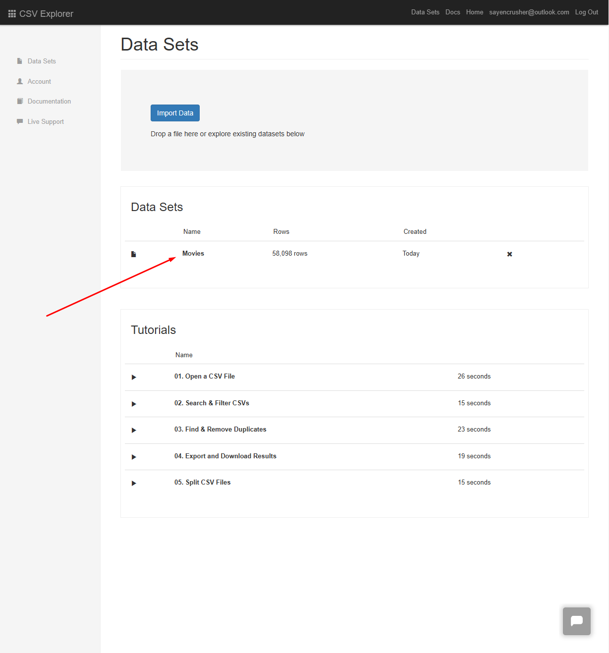 CSV Explorer displays a dataset named "Movies" with 58,098 rows and a tutorial section for managing and analyzing CSV files.