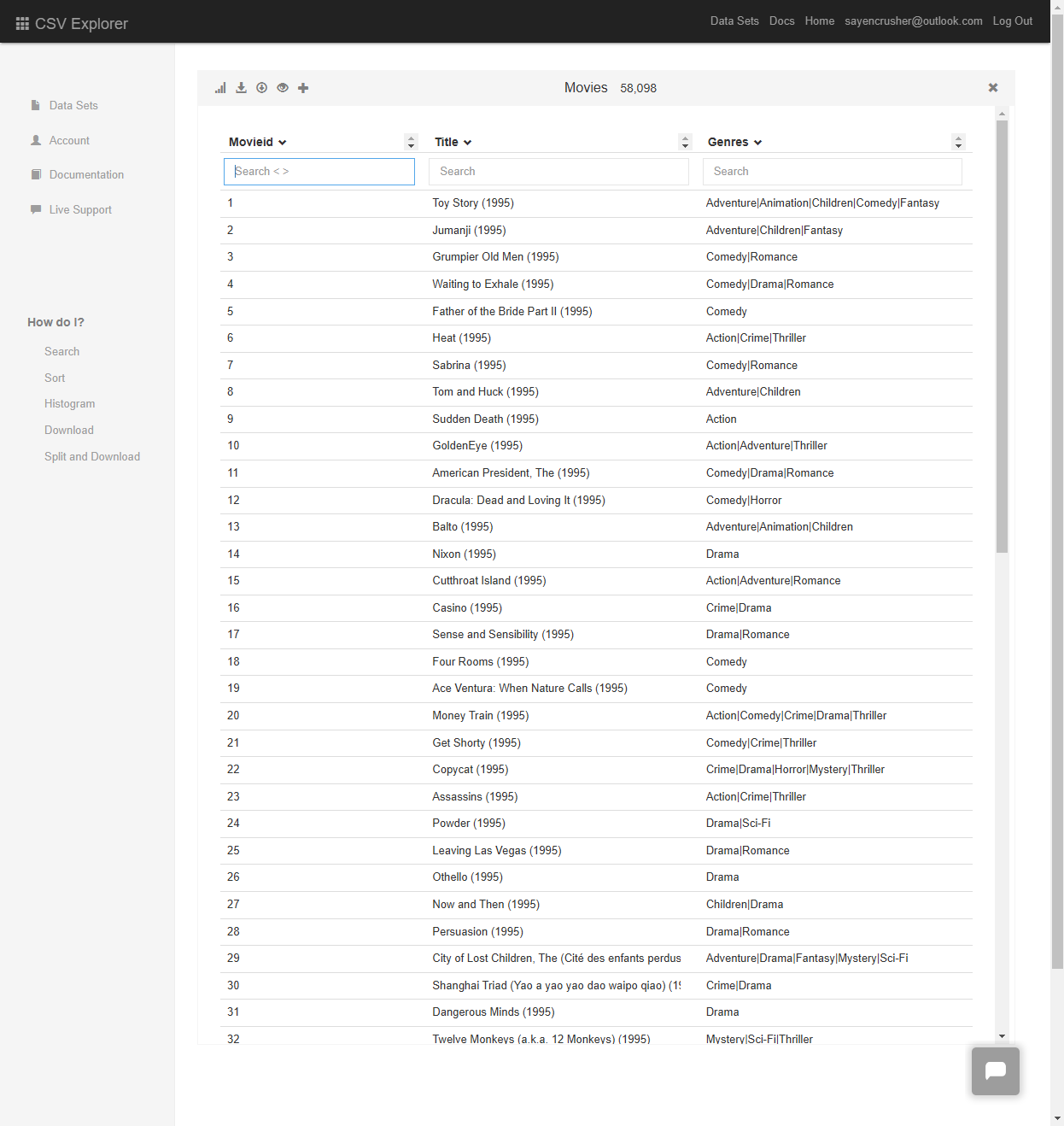 CSV Explorer displays a dataset with 58,098 rows, showcasing movie titles, genres, and release years in a searchable and filterable table.