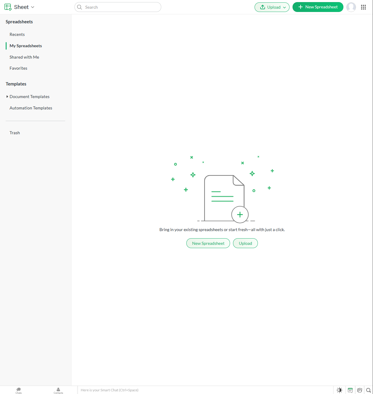 Zoho Sheet dashboard showing options to create a new spreadsheet or upload existing files for cloud-based management and collaboration.