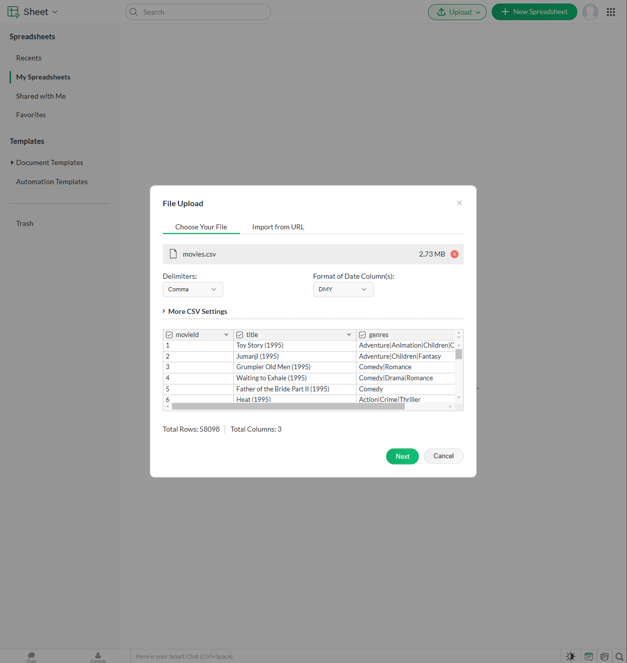 Zoho Sheet web app showing a CSV file upload dialog, with options to set delimiter, date format, and a preview of the CSV data.