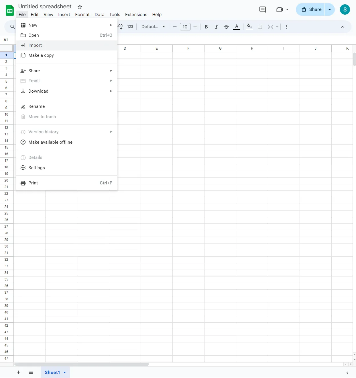 Google Sheets with the 'File' menu open, showing options like 'Import,' 'Make a copy,' and 'Share' on a blank spreadsheet.