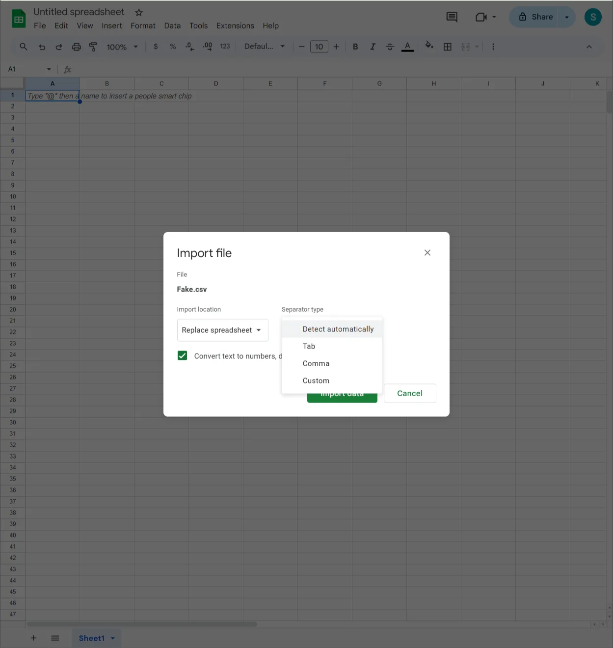 Google Sheets import dialog for CSV file with options to replace spreadsheet and select separator type.