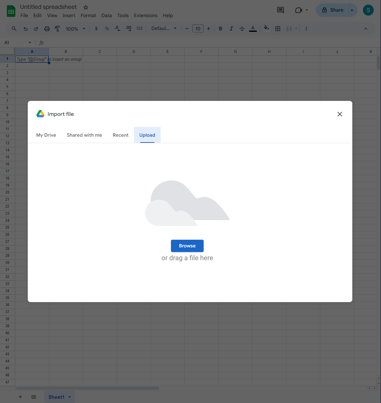 Google Sheets with the 'File' menu open, showing options like 'Import,' 'Make a copy,' and 'Share' on a blank spreadsheet.