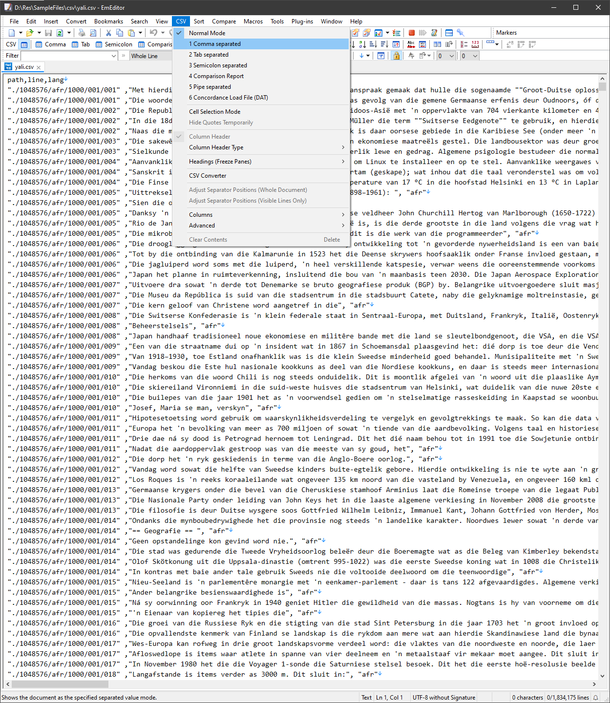 EmEditor CSV mode activated with 1 comma-separated option, showing column-based view for large CSV files, enhancing readability and editing.