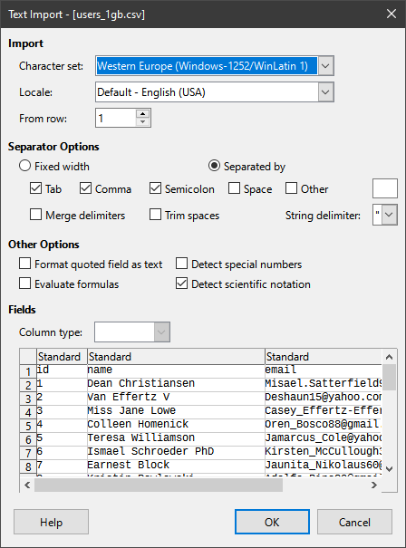 LibreOffice Calc Text Import dialog with character set, separator options (Tab, Comma), and CSV data preview.