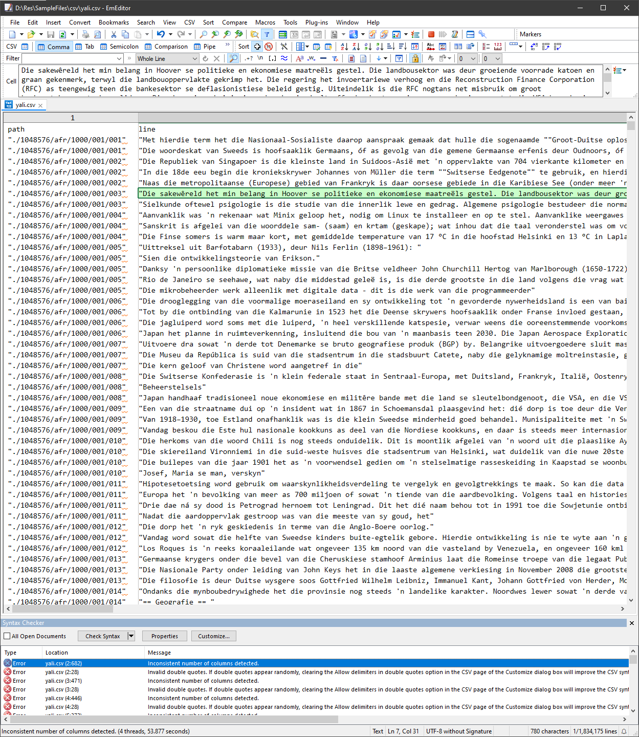 EmEditor displays syntax errors for inconsistent CSV columns while working with large datasets, highlighting its CSV validation feature.