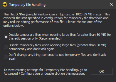 UltraEdit warning dialog about temporary file handling when opening a large CSV file, offering options to improve performance for big data files.