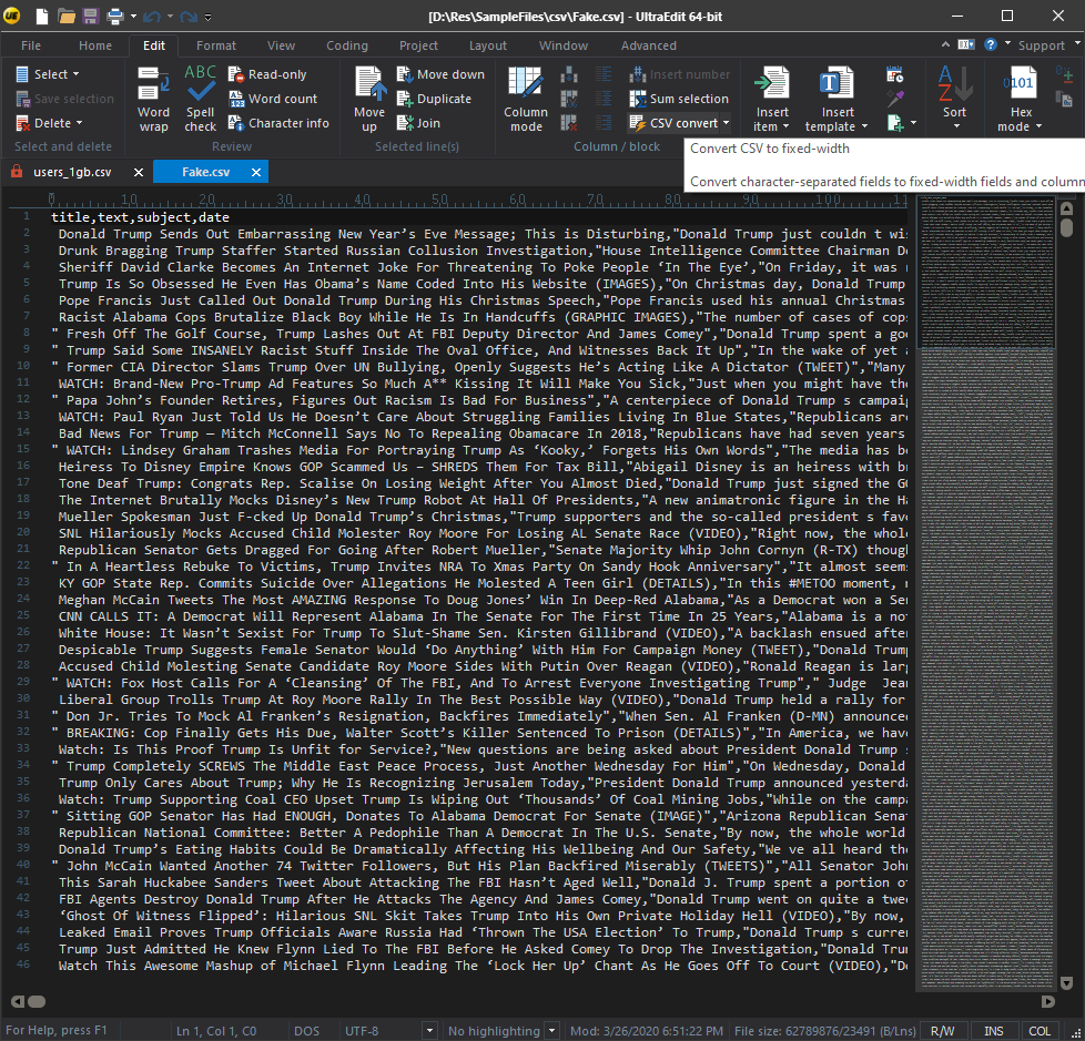 UltraEdit displays a CSV convert feature in action, converting character-separated text into a structured CSV format for better data management.