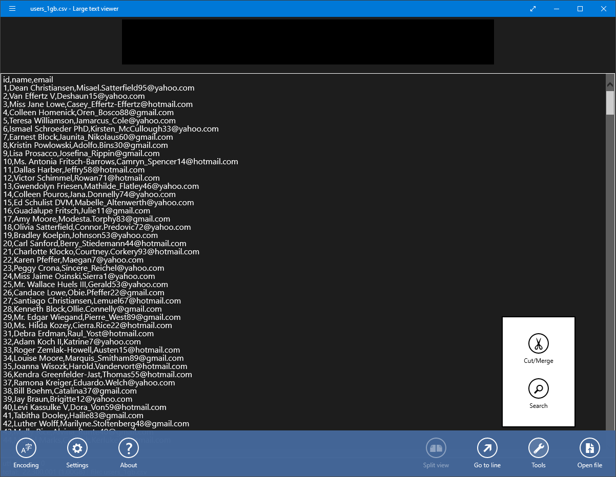 Large Text File Viewer window opened with CSV file, click the 3-dot menu for App Command, tools for working with CSV in the bottom toolbar.