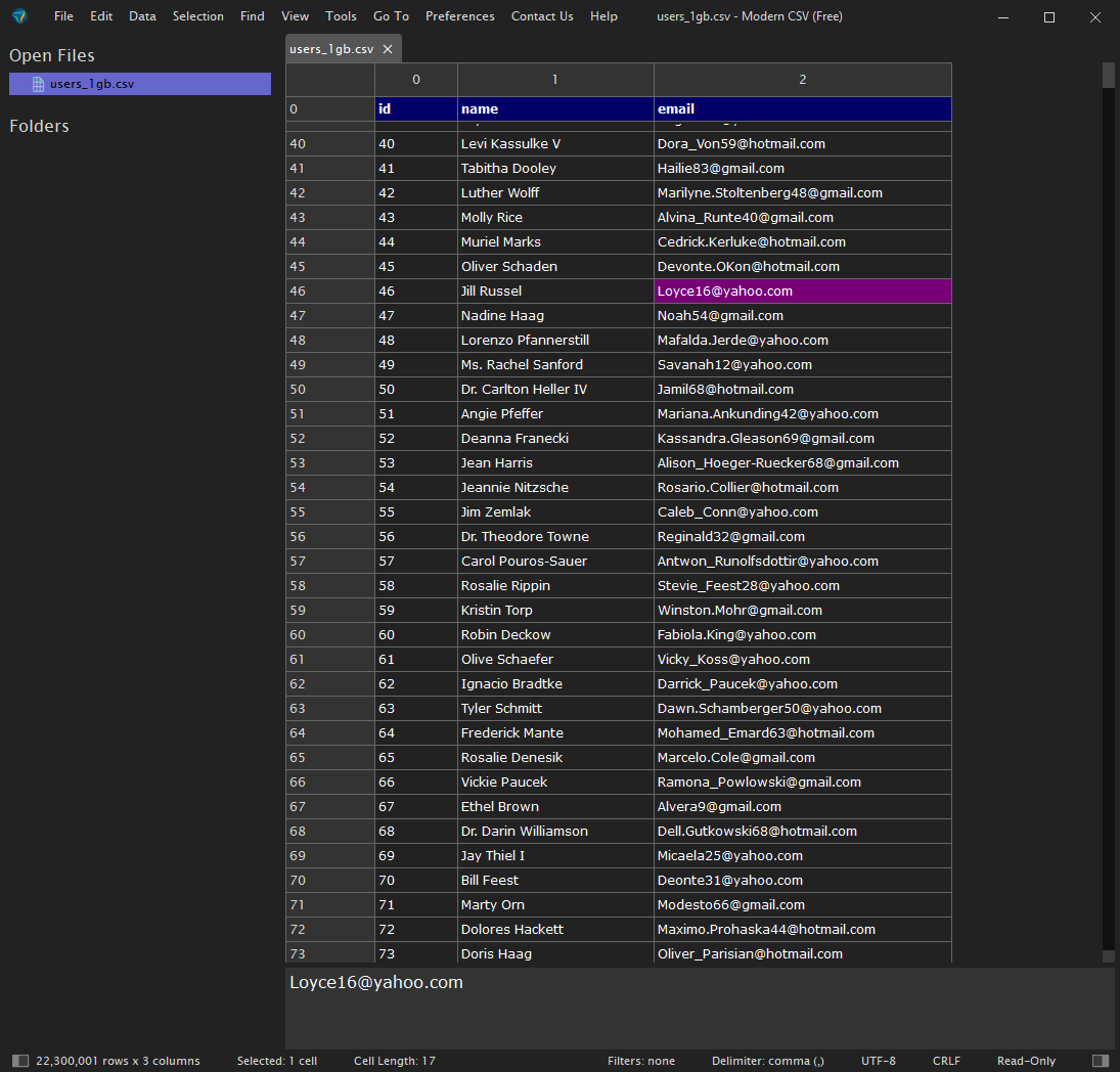 Modern CSV displaying a large CSV file with over 22 million rows, showcasing efficient viewing and navigation of big data spreadsheets.