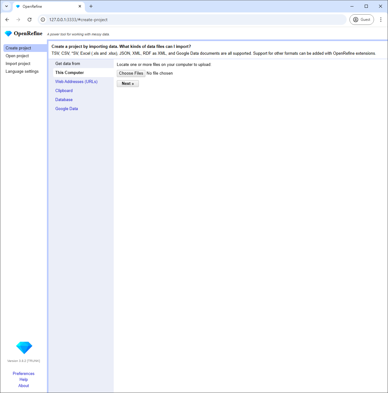 OpenRefine interface showing the 'Create Project' screen for importing large CSV, TSV, Excel, and JSON files for data cleaning.