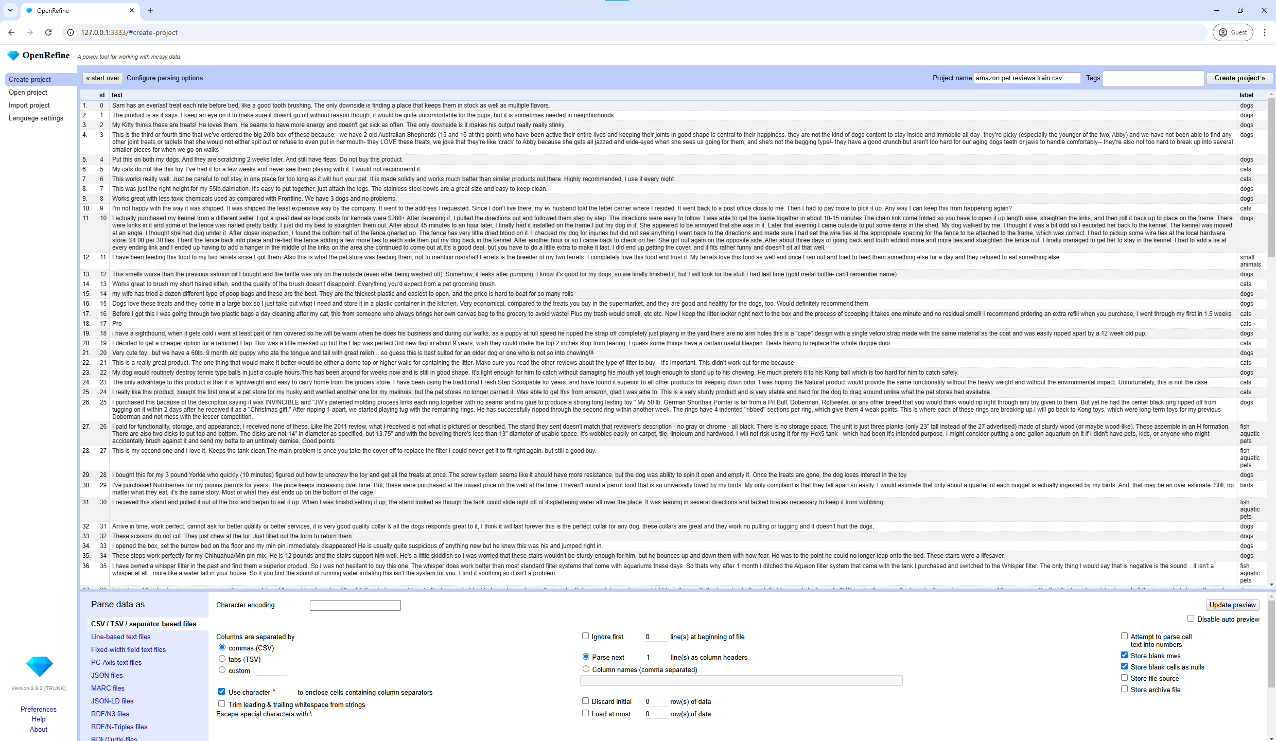 OpenRefine interface displaying a preview of a CSV file being processed, with parsed column headers and delimiter options.