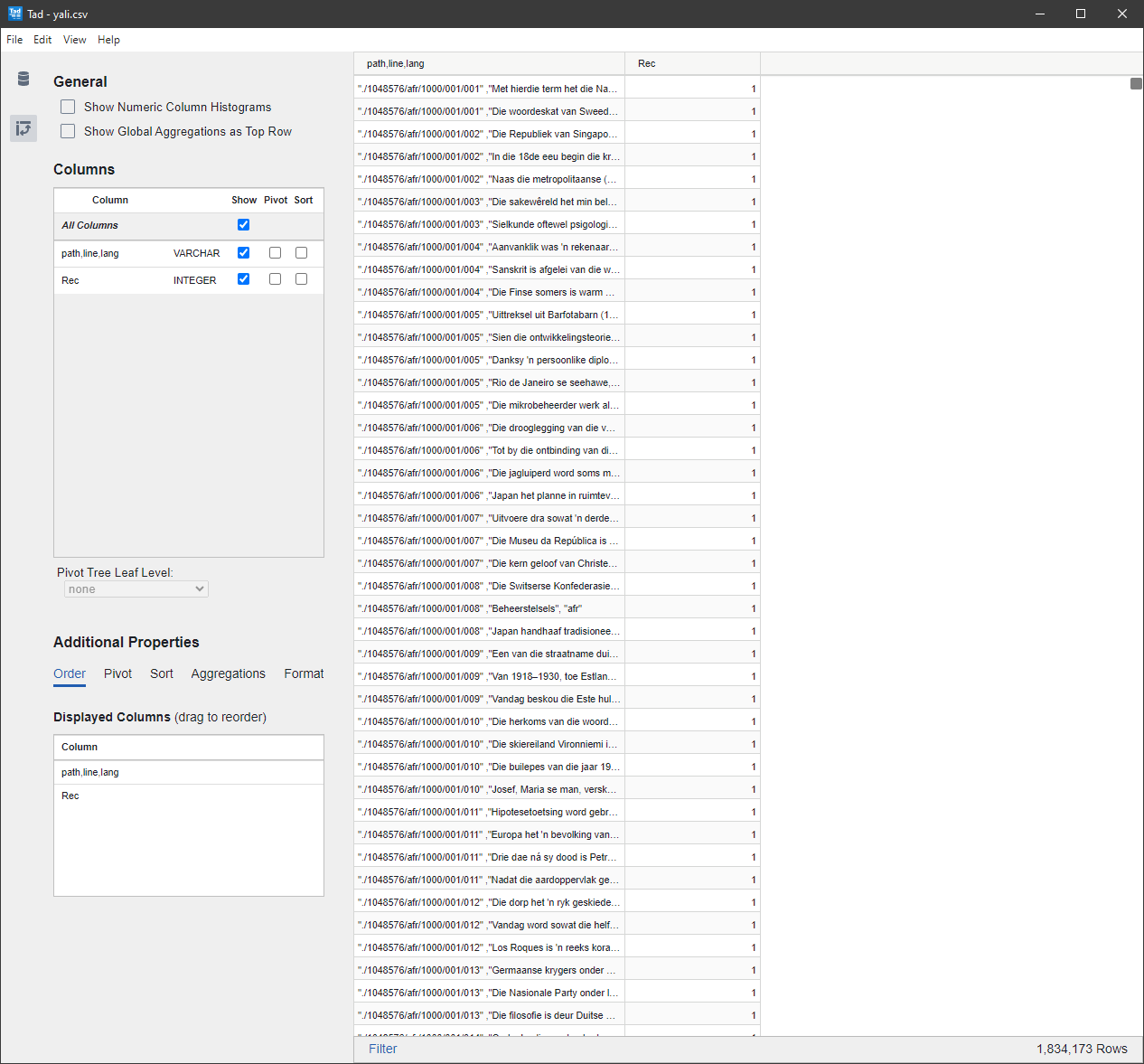 Tad Viewer interface showing a large CSV file loaded for quick filtering and sorting, highlighting its intuitive data viewing capabilities.