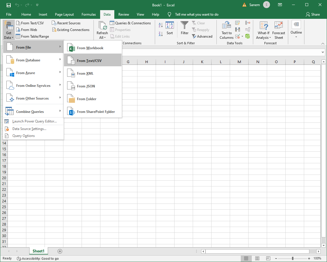 Excel screenshot with 'From Text/CSV' option highlighted in the Data tab under the 'Get Data' menu.