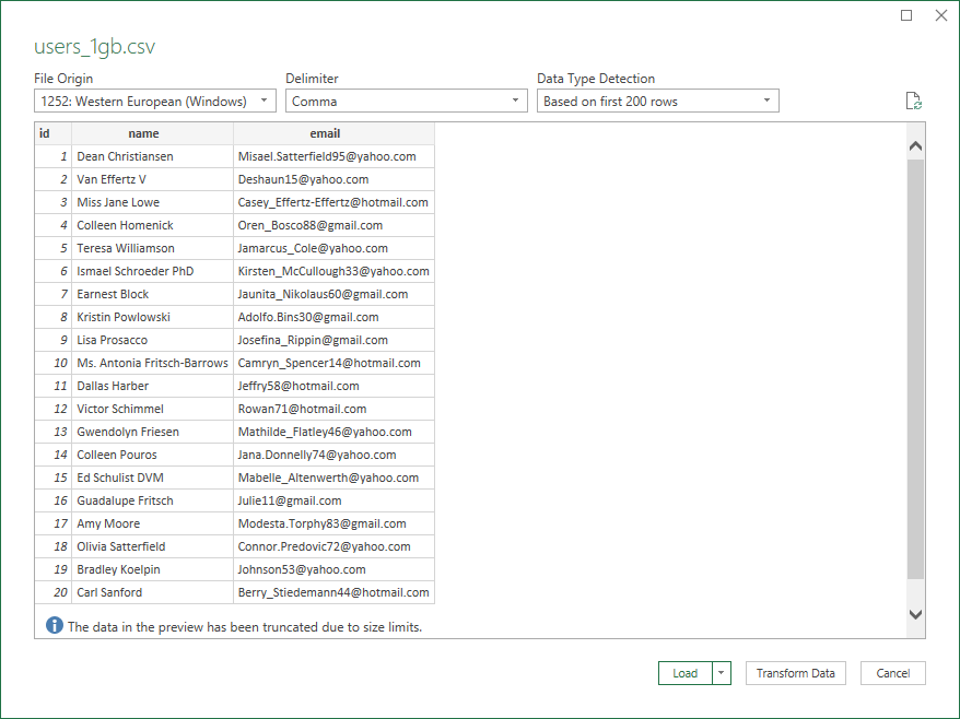 Power Query preview of a CSV file showing the first 20 rows with columns for id, name, and email.