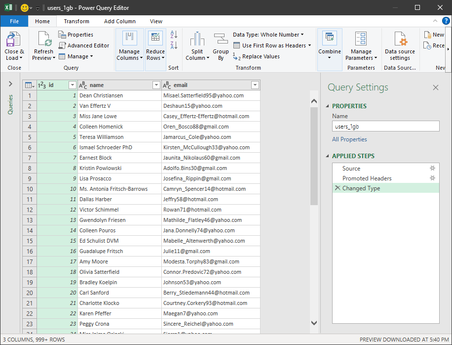 Power Query Editor displaying a loaded CSV file with applied steps and column headers for id, name, and email.