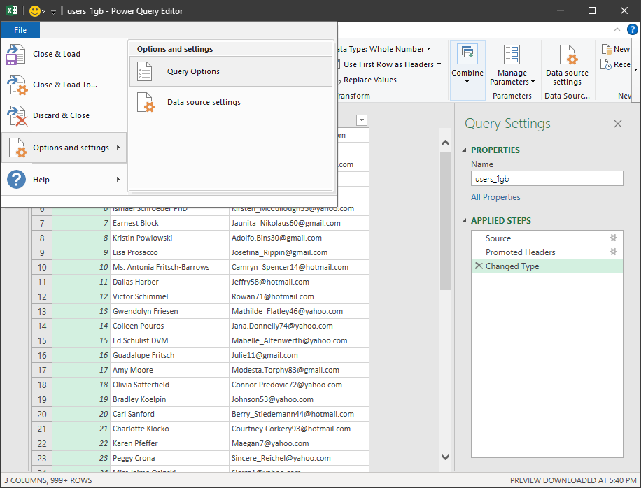 Excel Power Query Editor showing the 'Options and Settings' menu for adjusting query and data source settings for large CSV file import.