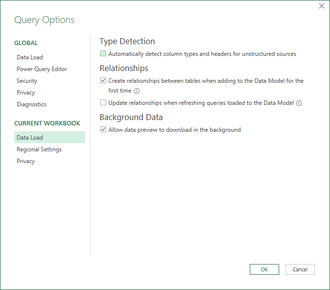 Excel Query Options with 'Automatically detect column types' unchecked under Data Load settings.