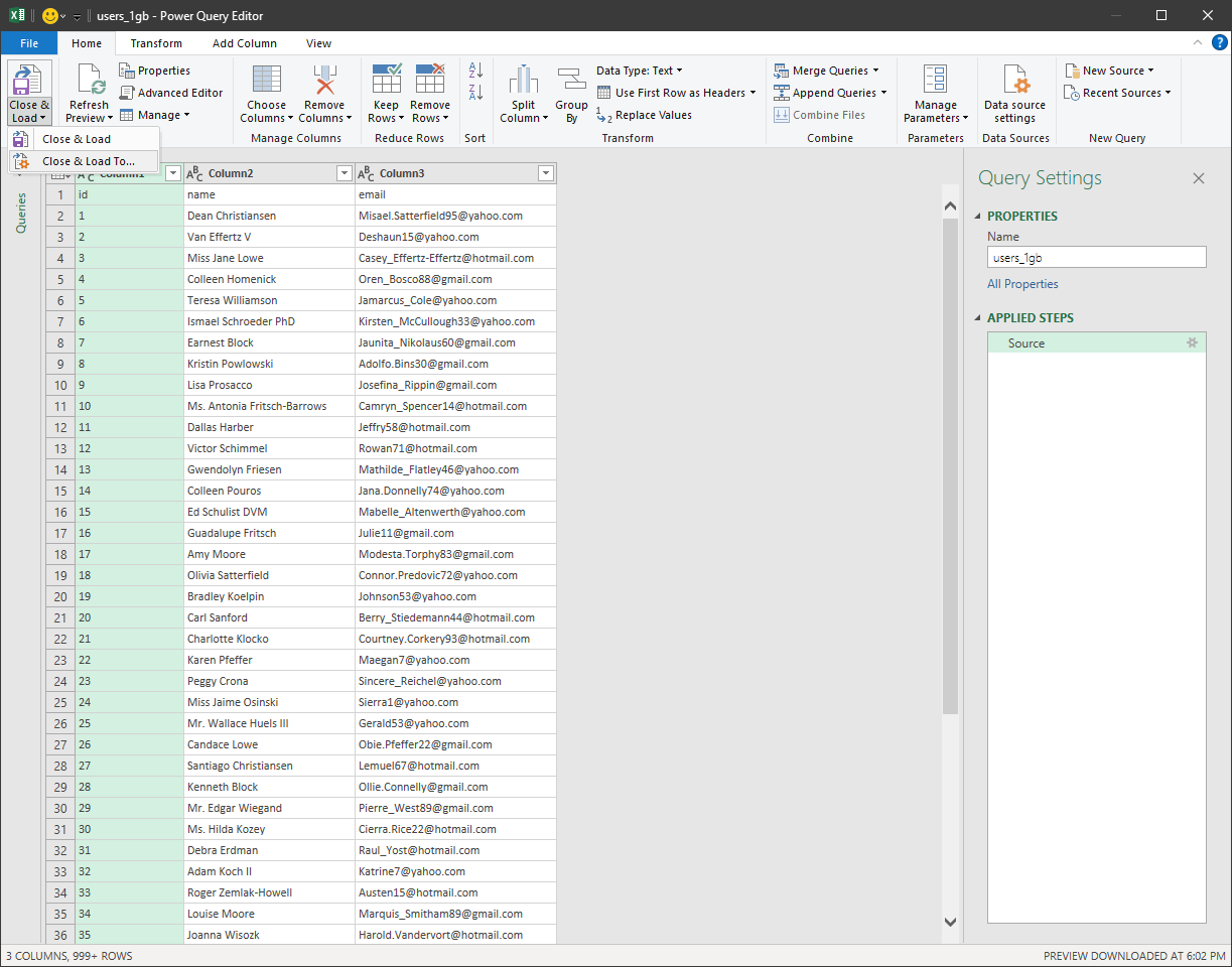 Power Query Editor displaying ‘close and load to…’ option, with id, name, email columns, and 'Source' as the applied step in query settings.